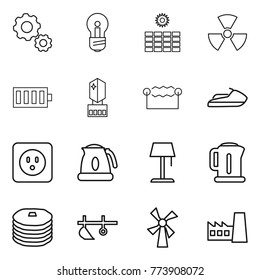 Thin line icon set : gear, bulb, sun power, nuclear, battery, crystall memory, electrostatic, jet ski, socket, kettle, floor lamp, pancakes, plow, windmill, factory