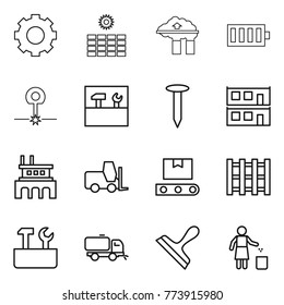 Thin line icon set : gear, sun power, factory filter, battery, laser, tools, nail, modular house, fork loader, transporter tape, pallet, repair, sweeper, scraper, garbage bin