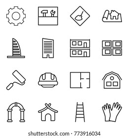 Thin line icon set : gear, tools, under construction, project, skyscraper, modular house, panel, repair, building helmet, plan, arch, bungalow, stairs, gloves