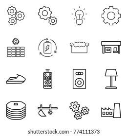 Thin line icon set : gear, bulb, sun power, battery charge, electrostatic, gas station, jet ski, remote control, speaker, floor lamp, pancakes, plow, gears, factory