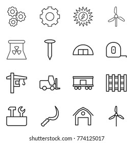 Thin line icon set : gear, sun power, windmill, nuclear, nail, hangare, measuring tape, tower crane, fork loader, railroad shipping, pallet, repair tools, sickle, barn