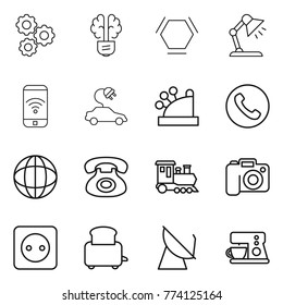Thin line icon set : gear, bulb brain, hex molecule, table lamp, phone wireless, electric car, cashbox, globe, train, camera, power socket, toaster, satellite antenna, coffee maker