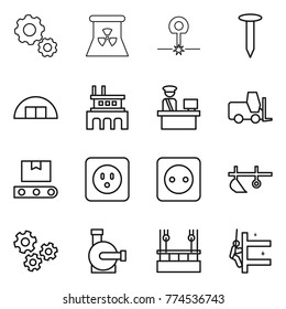 Thin line icon set : gear, nuclear power, laser, nail, hangare, factory, customs control, fork loader, transporter tape, socket, plow, gears, water pump, skysrcapers cleaning, skyscrapers