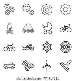 Thin line icon set : gear, around, hoverboard, lunar rover, baby stroller, bike, motorcycle, handwheel, wheel, pickup, gears, windmill, scraper