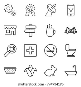 Thin line icon set : gear, medal, satellite antenna, phone wireless, shop, singlepost, hot drink, bridge, cargo search, first aid, no smoking, toilet, colander, corn, rabbit, bath