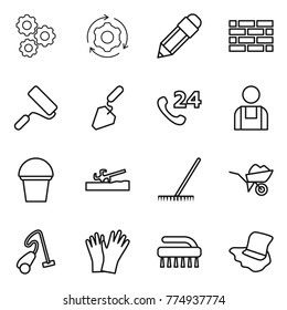 Thin line icon set : gear, around, pencil, brick wall, repair, construction, phone 24, workman, bucket, soil cutter, rake, wheelbarrow, vacuum cleaner, gloves, brush, floor washing