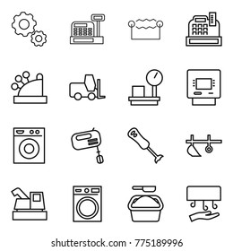 Thin line icon set : gear, cashbox, electrostatic, fork loader, warehouse scales, atm, washing machine, mixer, blender, plow, harvester, powder, hand dryer