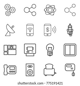 Thin line icon set : gear, share, atom, molecule, satellite antenna, phone wireless, pay, spark plug, consolidated cargo, atm, bulb, power switch, intercome, speaker, toaster, mixer