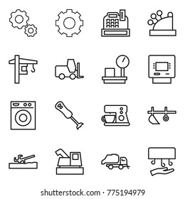 Thin line icon set : gear, cashbox, tower crane, fork loader, warehouse scales, atm, washing machine, blender, coffee maker, plow, soil cutter, harvester, trash truck, hand dryer