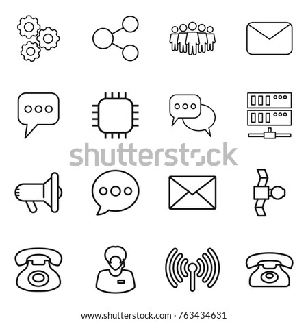 Thin line icon set : gear, share, team, mail, message, chip, discussion, server, megafon, balloon, satellite, phone, support manager, wireless