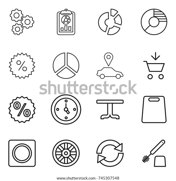 thin line icon set : gear, report,\
circle diagram, percent, car pointer, add to cart, watch, table,\
cutting board, ring button, wheel, reload, toilet\
brush
