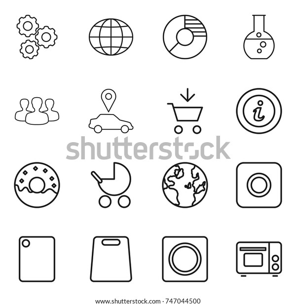 thin line icon set : gear,\
globe, circle diagram, round flask, group, car pointer, add to\
cart, info, donut, baby stroller, ring button, cutting board, grill\
oven