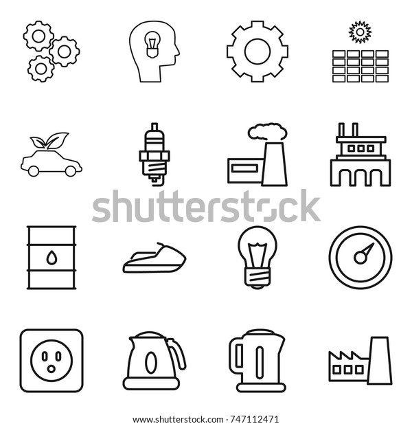 thin\
line icon set : gear, bulb head, sun power, eco car, spark plug,\
factory, barrel, jet ski, barometer, socket,\
kettle