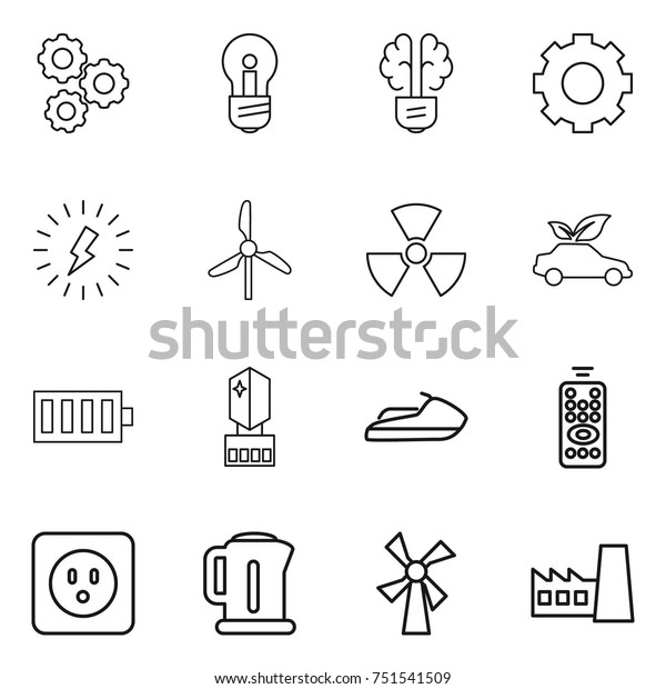 thin line icon set : gear, bulb,\
brain, lightning, windmill, nuclear, eco car, battery, crystall\
memory, jet ski, remote control, power socket, kettle,\
factory