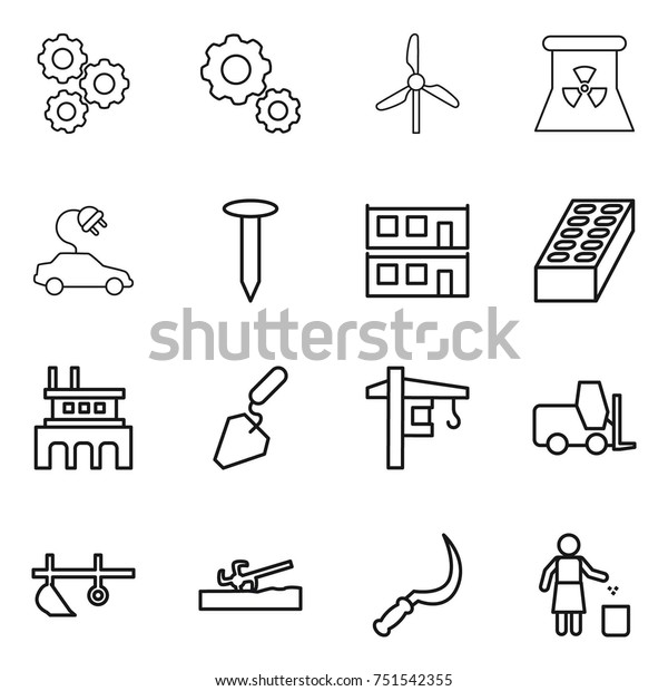 thin line\
icon set : gear, windmill, nuclear power, electric car, nail,\
modular house, brick, factory, construction, tower crane, fork\
loader, plow, soil cutter, sickle, garbage\
bin