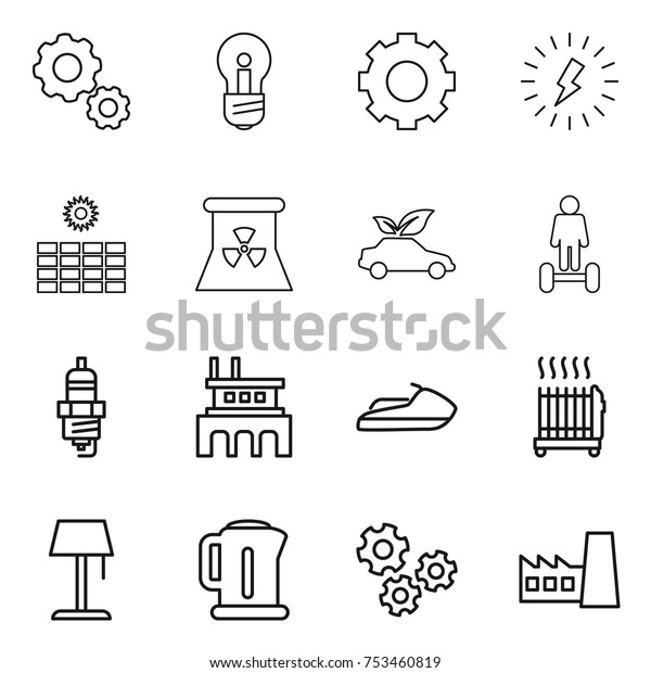 thin line icon set : gear, bulb, lightning,\
sun power, nuclear, eco car, hoverboard, spark plug, factory, jet\
ski, radiator, floor lamp, kettle,\
gears