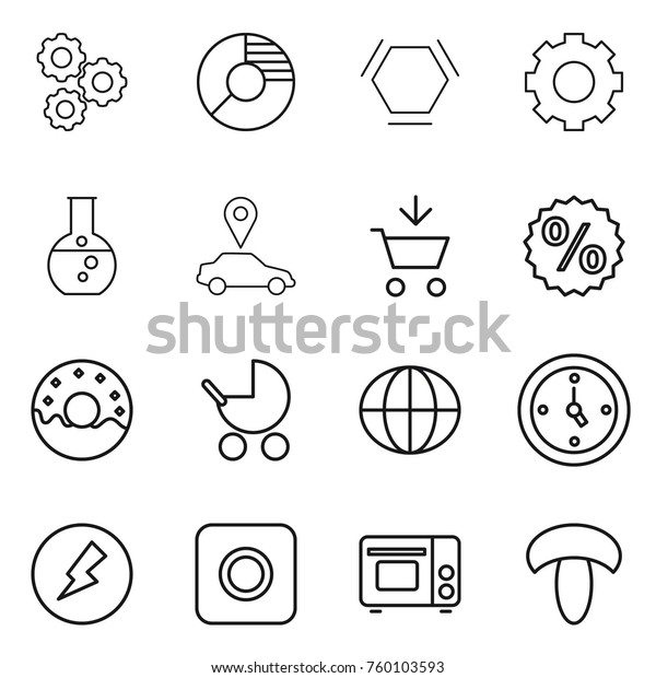 Thin line icon set : gear, circle diagram, hex\
molecule, round flask, car pointer, add to cart, percent, donut,\
baby stroller, globe, watch, electricity, ring button, grill oven,\
mushroom