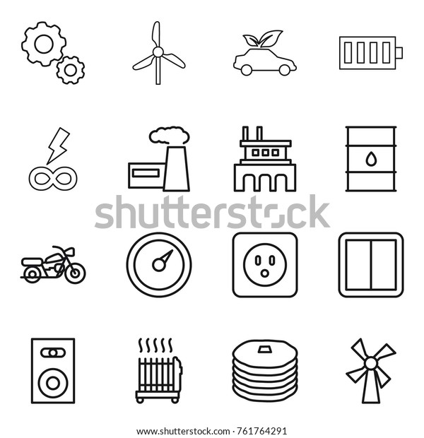 Thin line icon set : gear, windmill,\
eco car, battery, infinity power, factory, barrel, motorcycle,\
barometer, socket, switch, speaker, radiator,\
pancakes