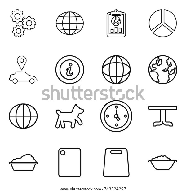 Thin line icon set : gear, globe, report, diagram,\
car pointer, info, dog, watch, table, washing, cutting board, foam\
basin