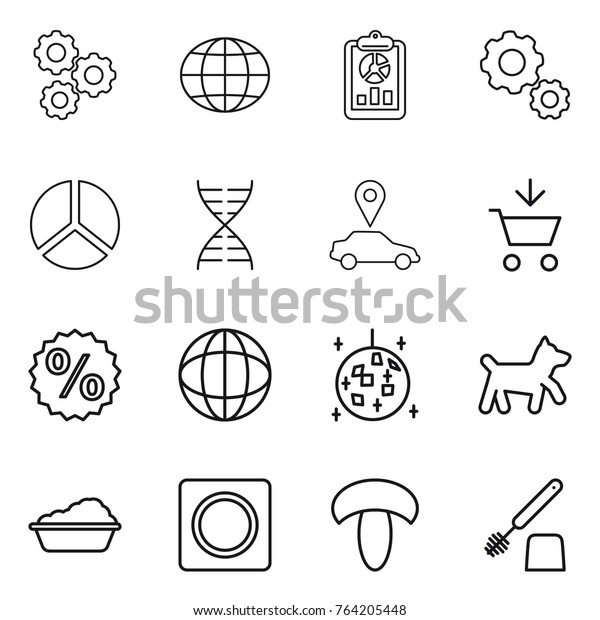 Thin line icon set : gear, globe, report,\
diagram, dna, car pointer, add to cart, percent, disco ball, dog,\
washing, ring button, mushroom, toilet\
brush