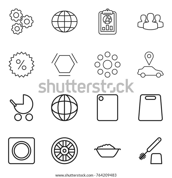 Thin line icon\
set : gear, globe, report, group, percent, hex molecule, round\
around, car pointer, baby stroller, cutting board, ring button,\
wheel, foam basin, toilet\
brush