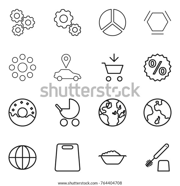 Thin line icon\
set : gear, diagram, hex molecule, round around, car pointer, add\
to cart, percent, donut, baby stroller, globe, earth, cutting\
board, foam basin, toilet\
brush