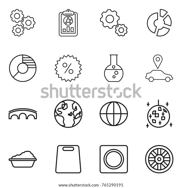 Thin line icon set : gear, report,\
circle diagram, percent, round flask, car pointer, bridge, globe,\
disco ball, washing, cutting board, ring button,\
wheel
