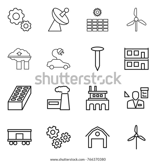 Thin line\
icon set : gear, satellite antenna, sun power, windmill, factory\
filter, electric car, nail, modular house, brick, architector,\
railroad shipping, gears,\
barn