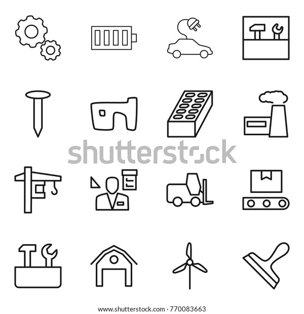 Thin line icon set\
: gear, battery, electric car, tools, nail, slum, brick, factory,\
tower crane, architector, fork loader, transporter tape, repair,\
barn, windmill, scraper