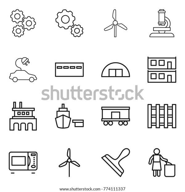 Thin line icon set :\
gear, windmill, microscope, electric car, bunker, hangare, modular\
house, factory, port, railroad shipping, pallet, microwave oven,\
scraper, garbage bin