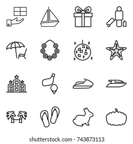 thin line icon set : gift, boat, passenger, lounger, hawaiian wreath, disco ball, starfish, hotel, golf, jet ski, yacht, palm hammock, flip flops, rabbit, pumpkin