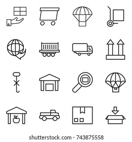 thin line icon set : gift, delivery, parachute, cargo stoller, truck shipping, top sign, do not hook, warehouse, search, pickup, package