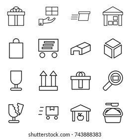 thin line icon set : gift, delivery, warehouse, shopping bag, 3d, fragile, cargo top sign, hi quality package, search, broken, fast deliver, washing powder