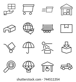 thin line icon set : gift, delivery, warehouse, truck shipping, package box, trolley, dry cargo, sun potection, search, parachute, pickup