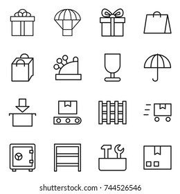 thin line icon set : gift, parachute, shopping bag, cashbox, fragile, dry cargo, package, transporter tape, pallet, fast deliver, safe, rack, repair tools