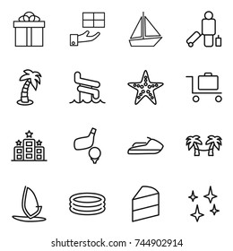thin line icon set : gift, boat, passenger, palm, aquapark, starfish, baggage trolley, hotel, golf, jet ski, hammock, windsurfing, inflatable pool, cake, shining