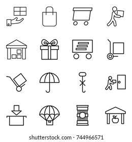 thin line icon set : gift, shopping bag, delivery, courier, warehouse, cargo stoller, trolley, dry, do not hook sign, package, parachute, pasta