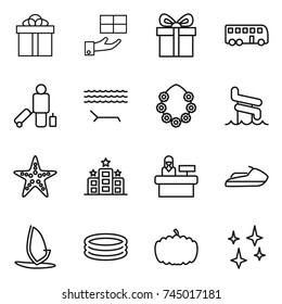 thin line icon set : gift, bus, passenger, lounger, hawaiian wreath, aquapark, starfish, hotel, reception, jet ski, windsurfing, inflatable pool, pumpkin, shining