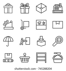 thin line icon set : gift, box, cashbox, cargo stoller, tools, package, dry, courier delivery, search, transporter tape, basket, rack, washing powder
