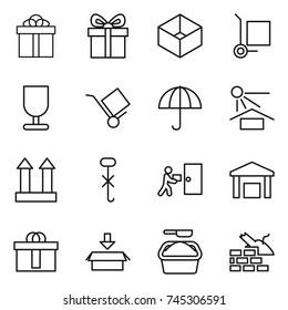 thin line icon set : gift, box, cargo stoller, fragile, trolley, dry, sun potection, top sign, do not hook, courier delivery, warehouse, hi quality package, washing powder, construct garbage