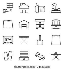thin line icon set : gift, home, phone, water tap, curtain, garage, nightstand, dresser, tv, iron board, scoop, cutting, slippers, double boiler, wiping