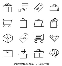 thin line icon set : gift, sale, shopping bag, delivery, box, label, diamond, package, hi quality, parachute