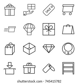 thin line icon set : gift, sale, delivery, parachute, shopping bag, box, diamond, necklace, package, hi quality, label, rack