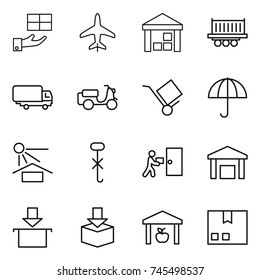 thin line icon set : gift, plane, warehouse, truck shipping, scooter, trolley, dry cargo, sun potection, do not hook sign, courier delivery, package