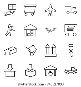 thin line icon set : gift, delivery, plane, truck, courier, warehouse, drone, trolley, cargo top sign, do not hook, package, pickup
