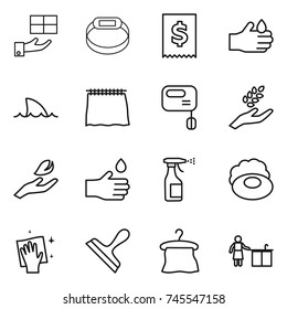thin line icon set : gift, smart bracelet, tax, acid, shark flipper, curtain, mixer, harvest, hand leaf, drop, sprayer, soap, wiping, scraper, hanger, kitchen cleaning