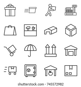 thin line icon set : gift, delivery, courier, cashbox, shopping bag, tools, warehouse, 3d, trolley, dry cargo, top sign, fast deliver, safe, package