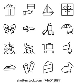 thin line icon set : gift, boat, bow, plane, passenger, lounger, disco ball, aquapark, baggage trolley, golf, jet ski, flip flops, cake, rabbit