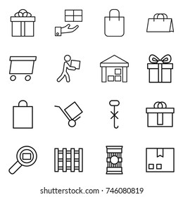 thin line icon set : gift, shopping bag, delivery, courier, warehouse, trolley, do not hook sign, hi quality package, cargo search, pallet, pasta