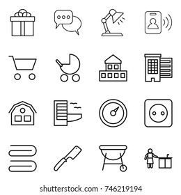 thin line icon set : gift, discussion, table lamp, pass card, cart, baby stroller, cottage, houses, house, hotel, barometer, power socket, towel, chef knife, bbq, kitchen cleaning